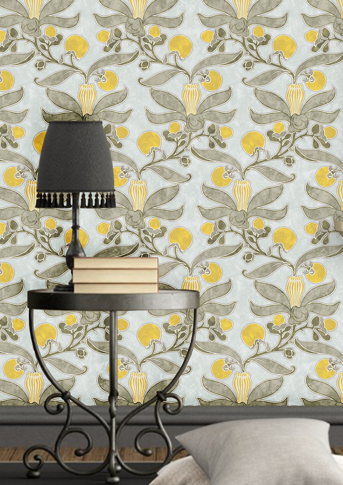 yellow and grey floral wallpaper